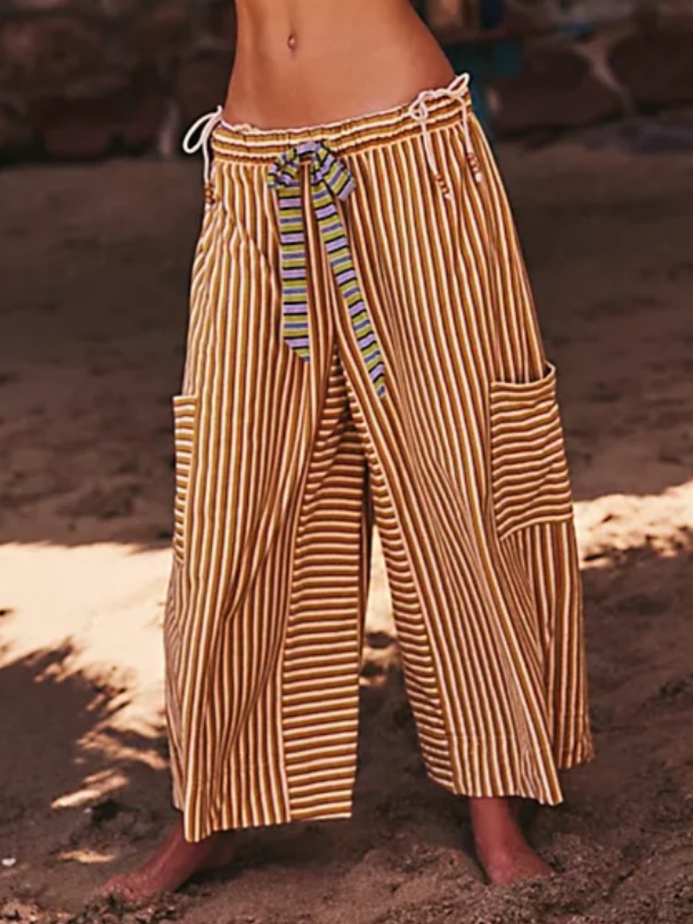 Free People Beach Blanche Pants Striped Wide-Leg with Contrast Tie